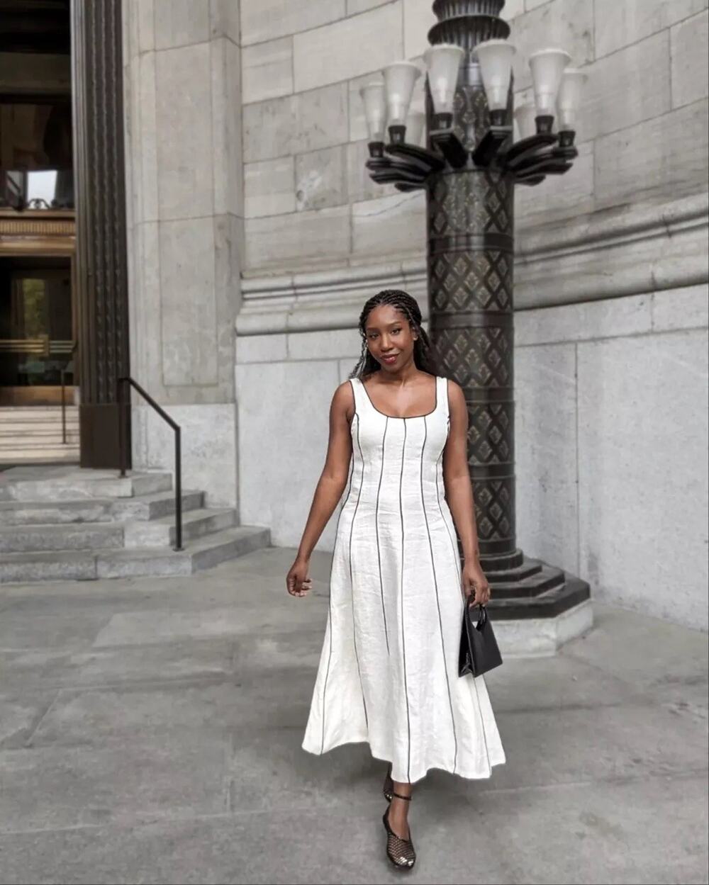 Massimo Dutti Linen White Black Piping Maxi Dress M